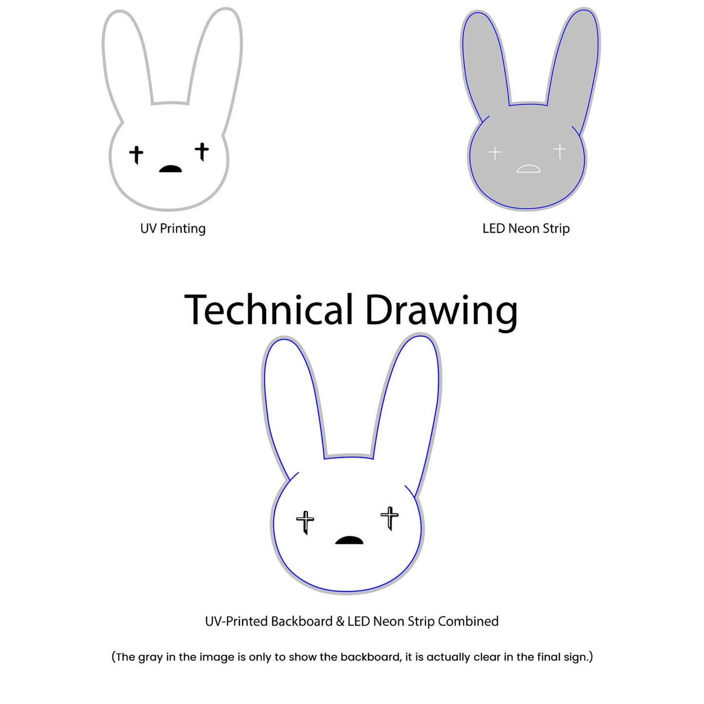 Bad Bunny Emoji Neon Sign - Multi-Color - Technical Drawing