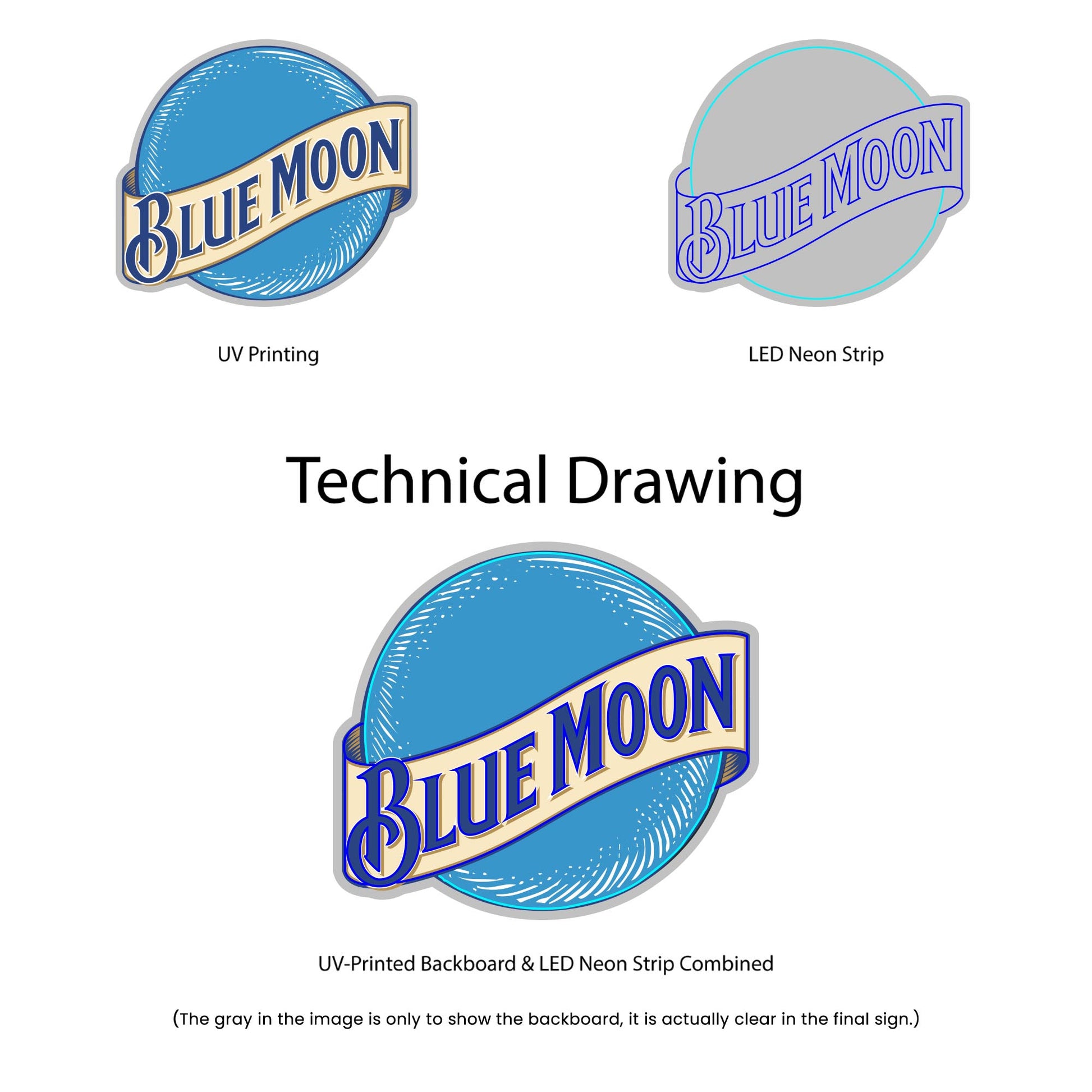 Blue Moon Neon Sign - Multi-Color - Technical Drawing