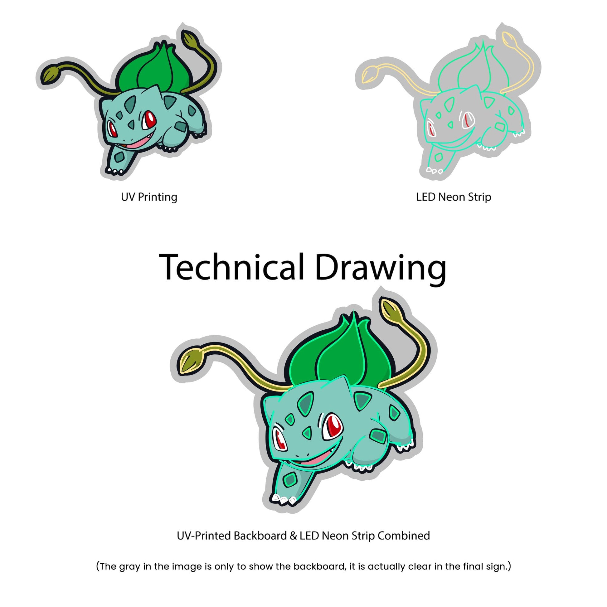 Bulbasaur Neon Sign - Multi-Color - Technical Drawing