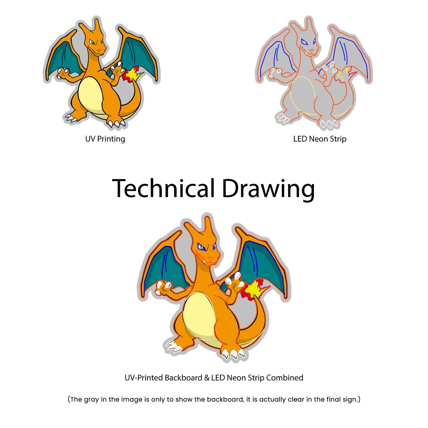 Charizard Neon Sign - Multi-Color - Technical Drawing