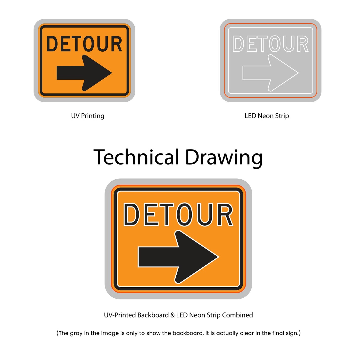 Detour Neon Sign - Multi-Color - Technical Drawing