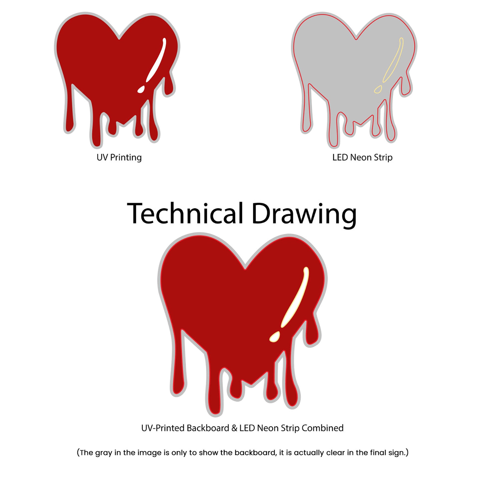 Dripping Heart Emoji Neon Sign - Multi-Color - Technical Drawing