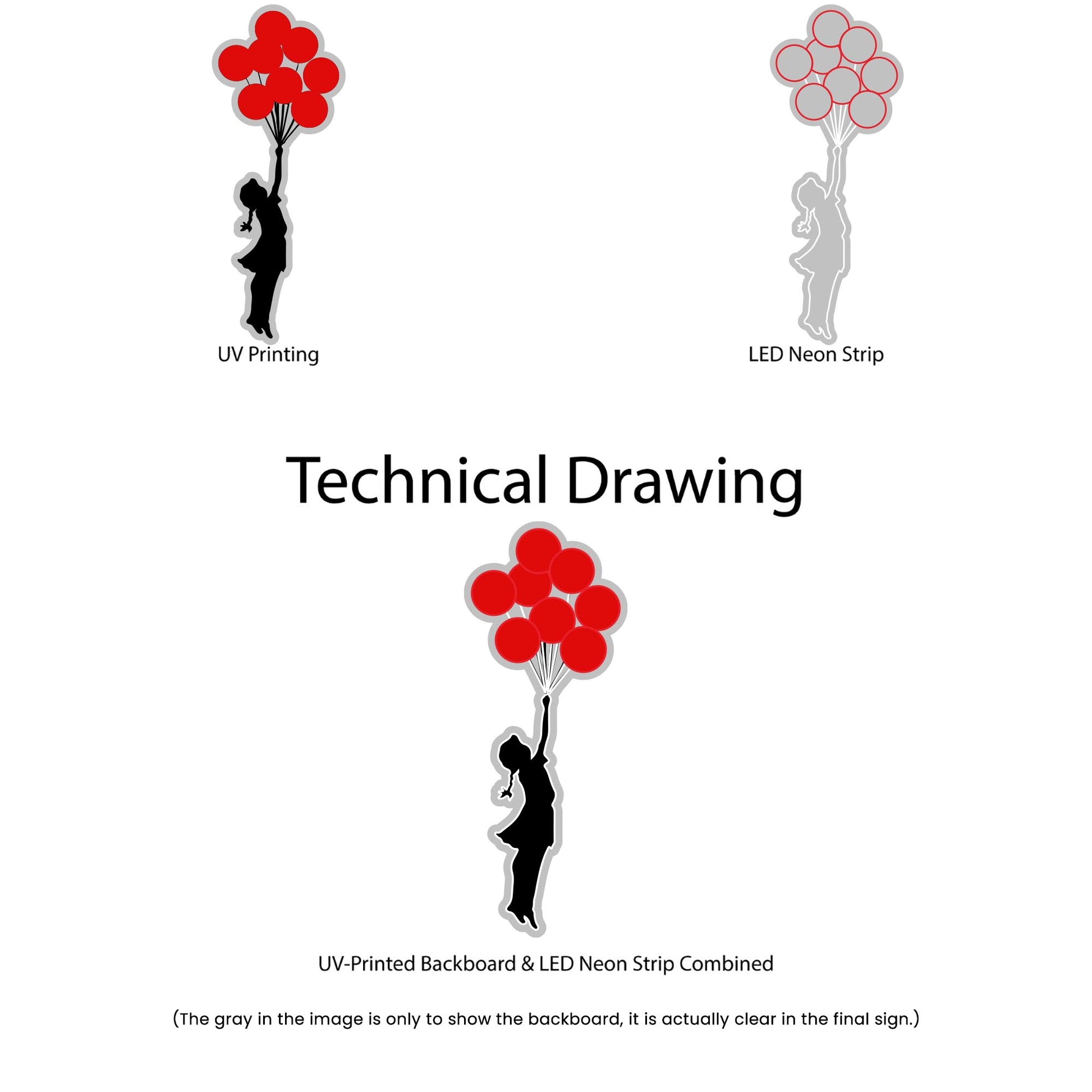 Technical Drawing - Banksy - Flying Balloon Girl neon sign