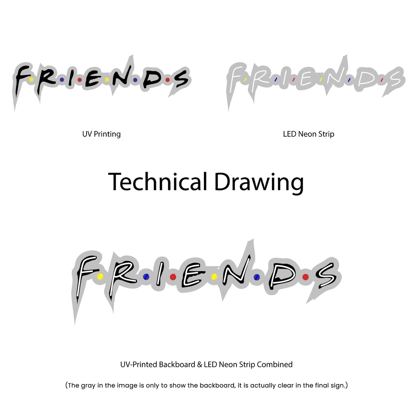 Friends Neon Sign - Multi-Color - Technical Drawing