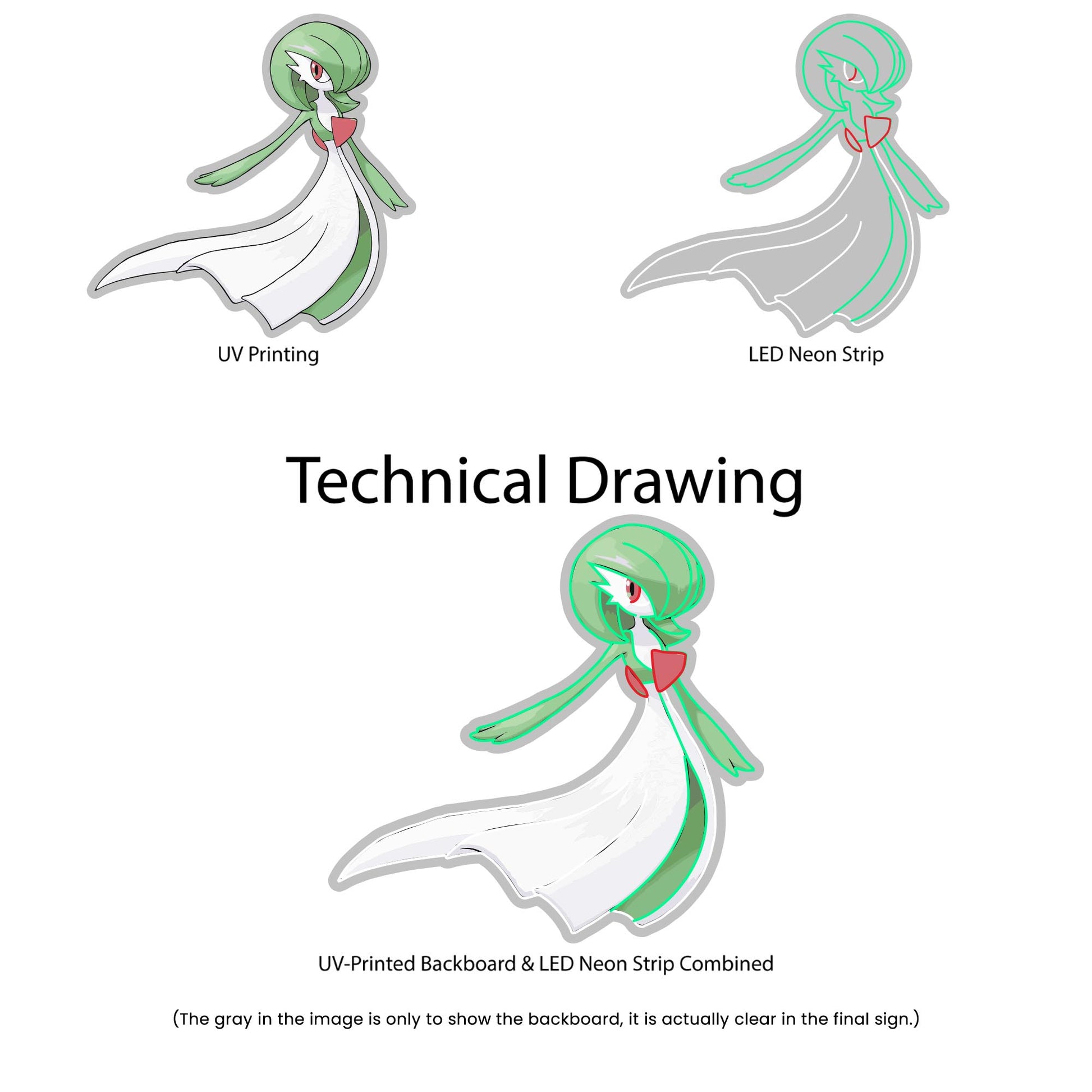 Gardevoir Neon Sign - Multi-Color - Technical Drawing