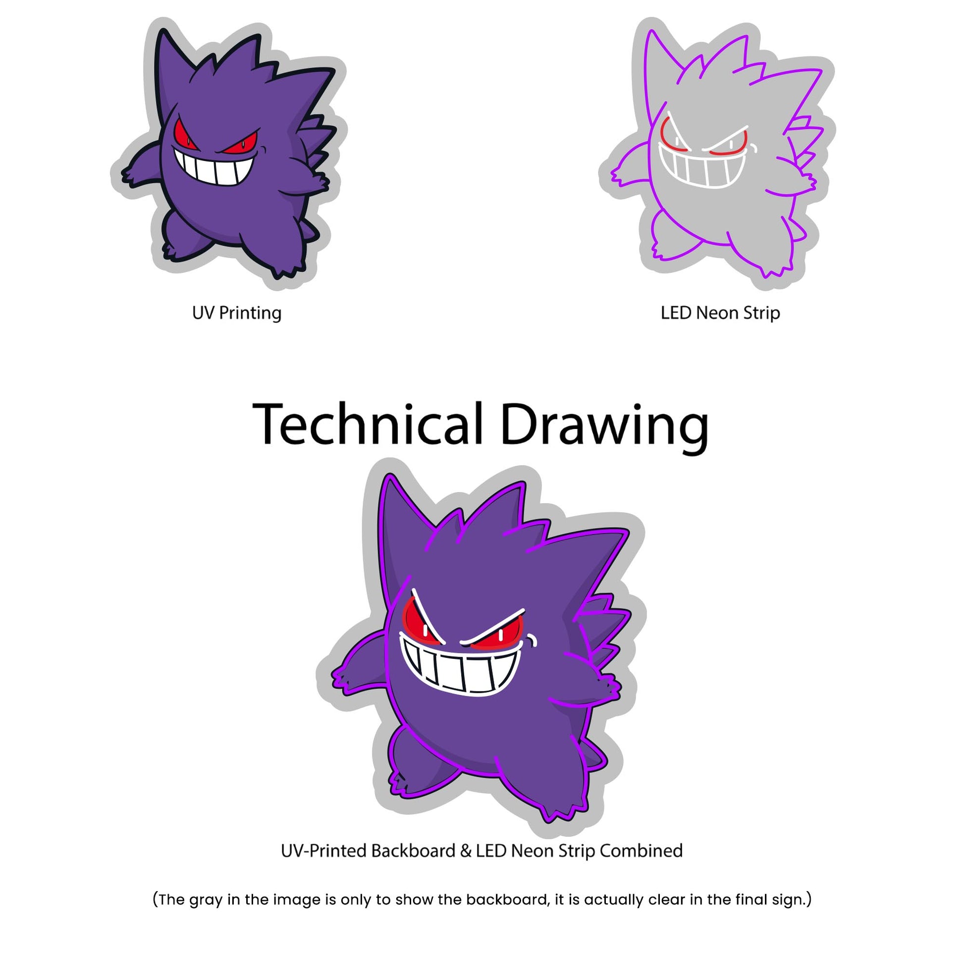 Gengar Neon Sign - Multi-Color - Technical Drawing