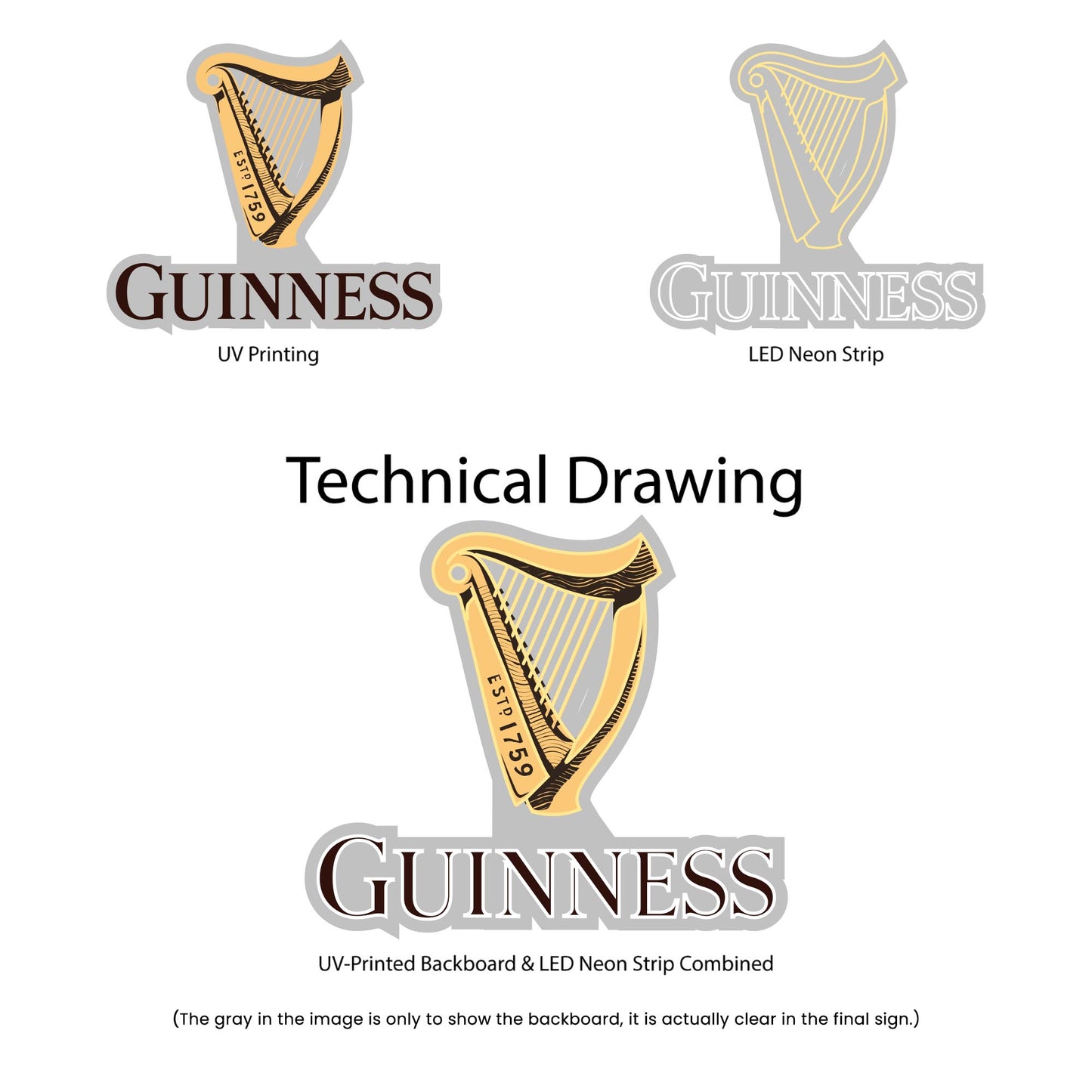 Guinness Neon Sign - Multi-Color - Technical Drawing