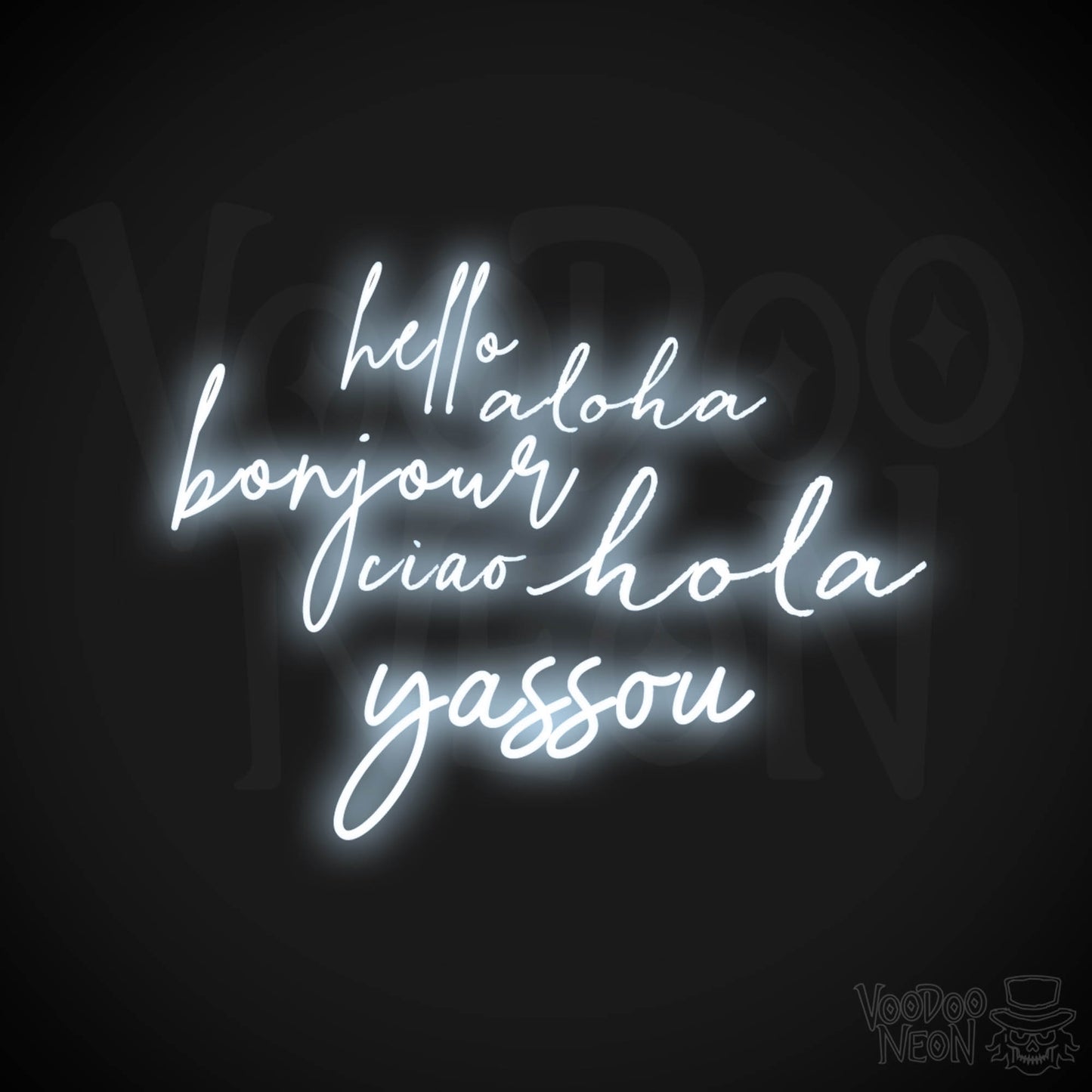 Hello Aloha Bonjour Hola Ciao Yassou Neon Sign - Neon Hello Sign - Color Cool White