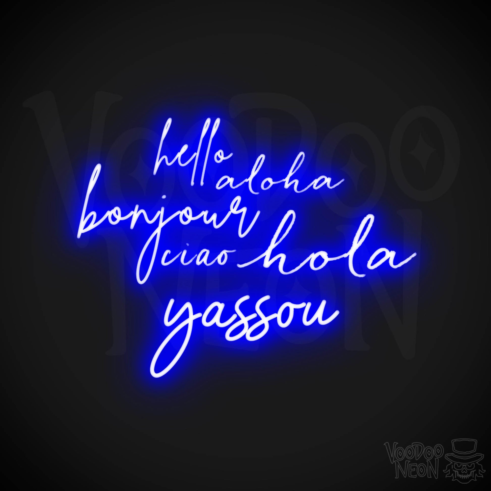 Hello Aloha Bonjour Hola Ciao Yassou Neon Sign - Neon Hello Sign - Color Dark Blue