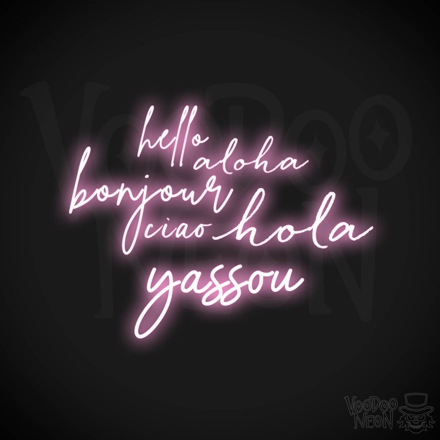 Hello Aloha Bonjour Hola Ciao Yassou Neon Sign - Neon Hello Sign - Color Light Pink