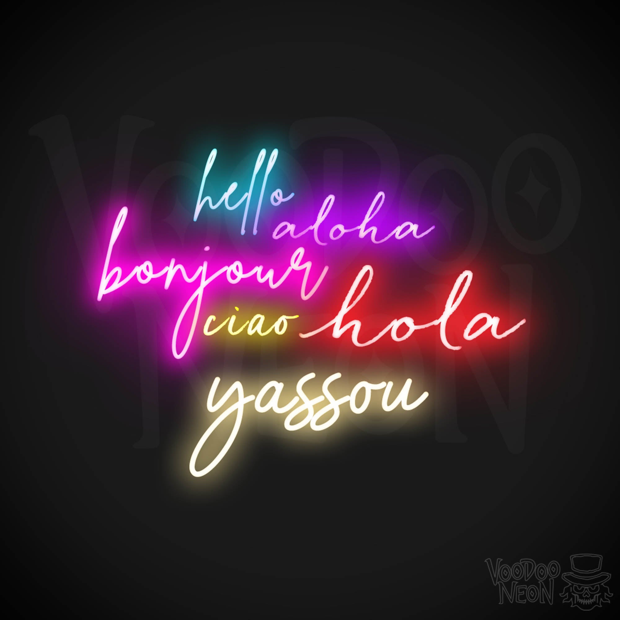 Hello Aloha Bonjour Hola Ciao Yassou Neon Sign - Hello in six languages