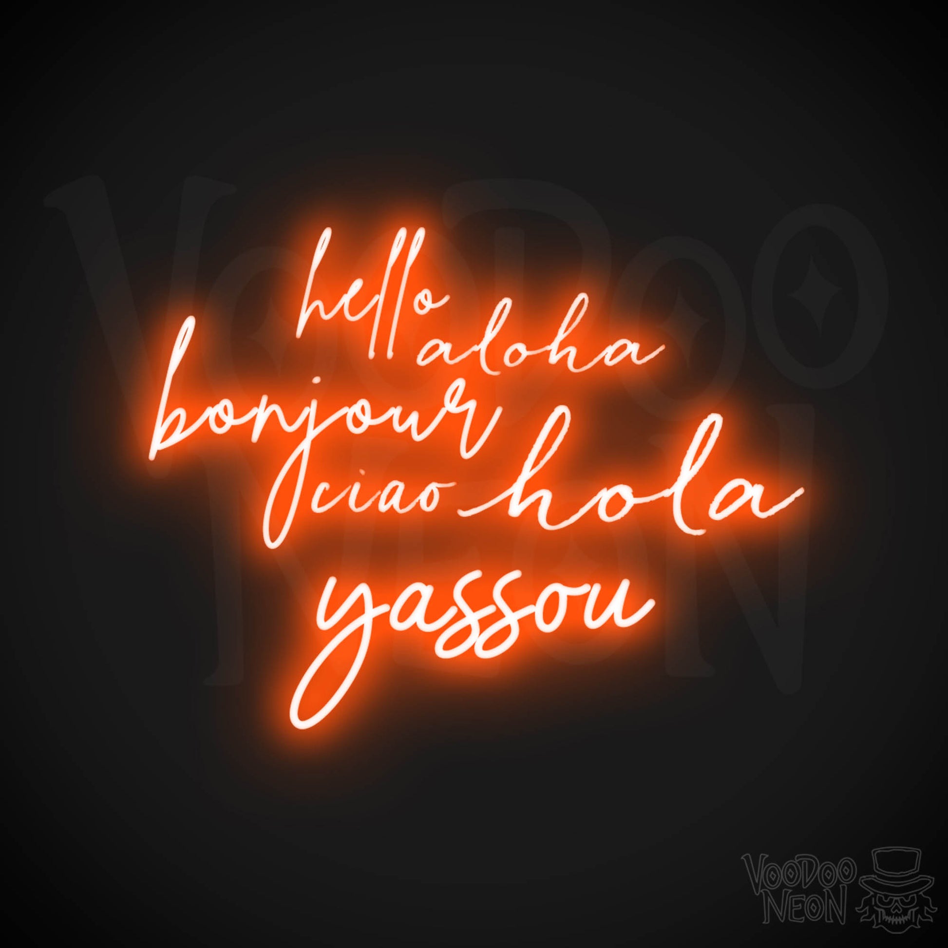 Hello Aloha Bonjour Hola Ciao Yassou Neon Sign - Neon Hello Sign - Color Orange