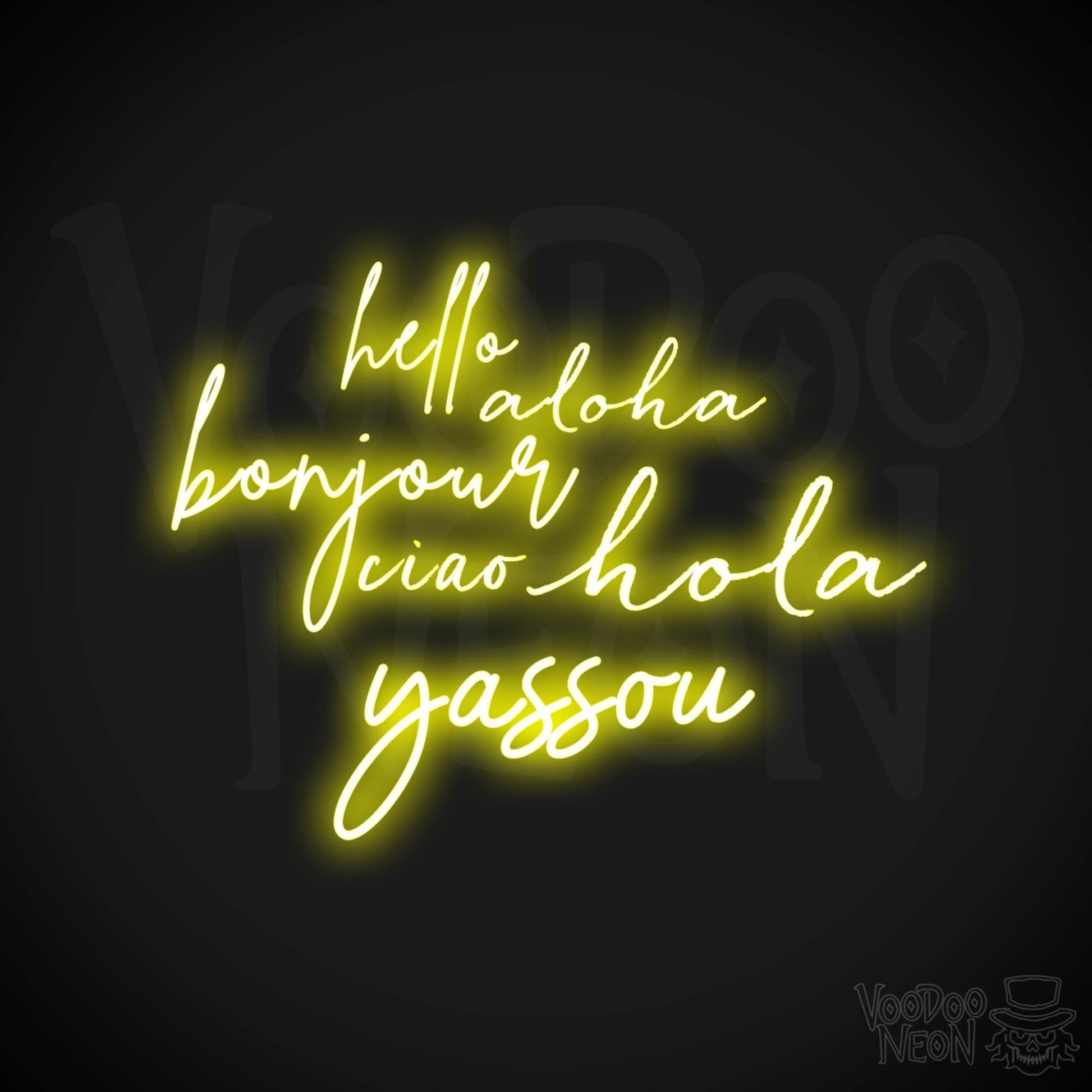 Hello Aloha Bonjour Hola Ciao Yassou Neon Sign - Neon Hello Sign - Color Yellow