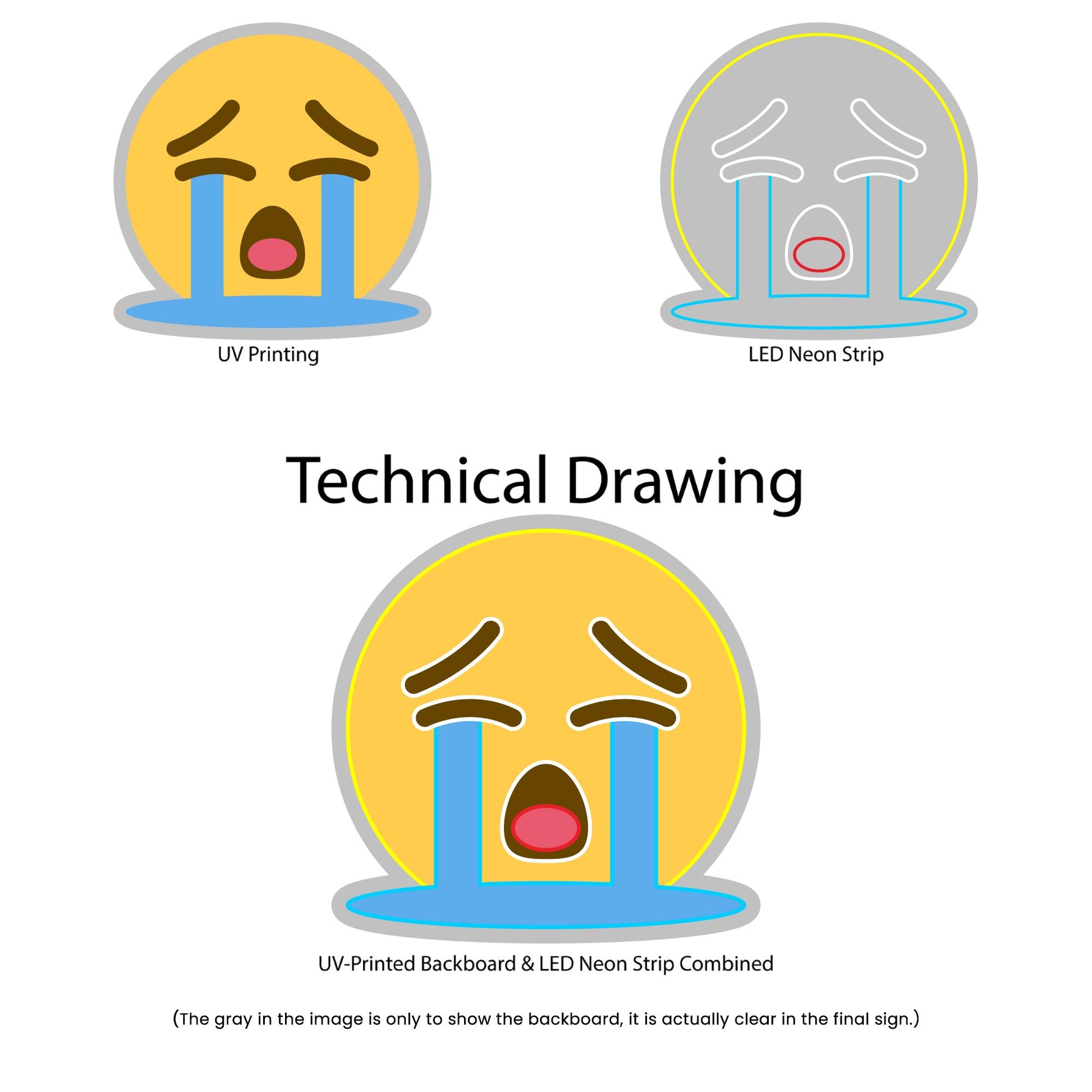 Loudly Crying Face Emoji Neon Sign - Multi-Color - Technical Drawing