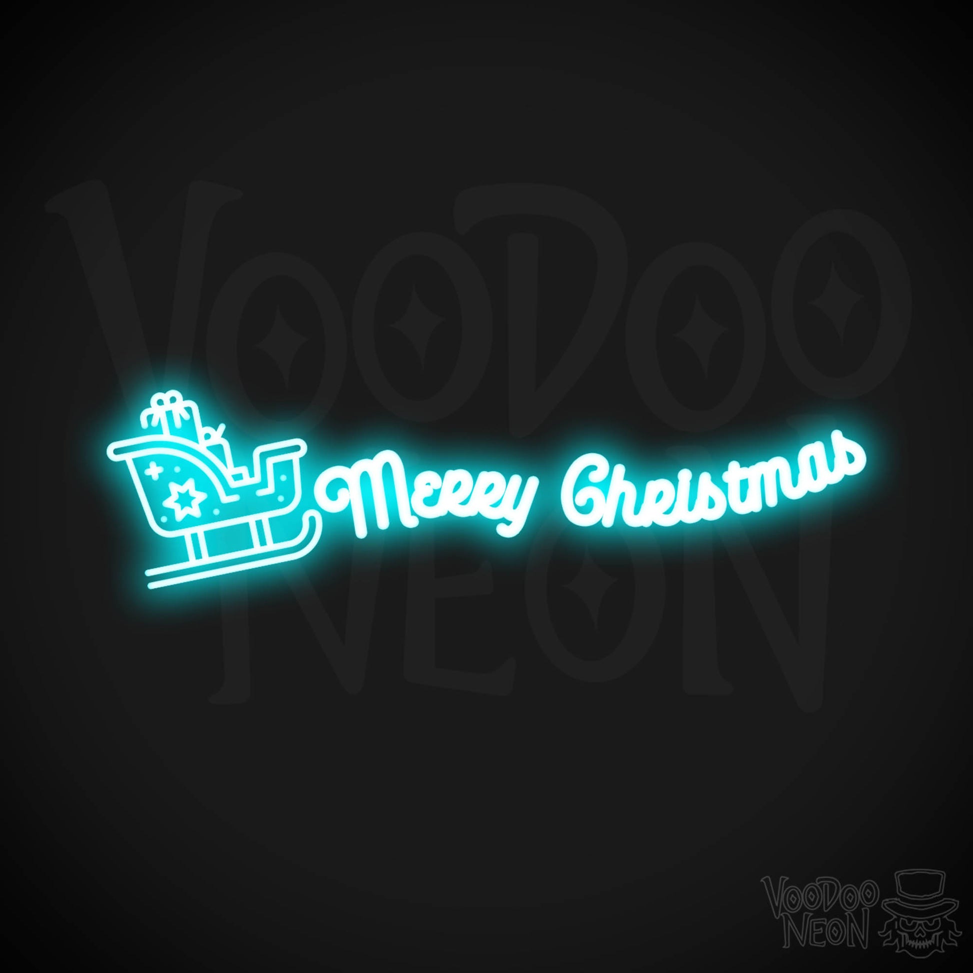 Neon Merry Christmas Sleigh Sign - Merry Christmas Sleigh Neon Sign - Merry Xmas Neon Art - Color Ice Blue