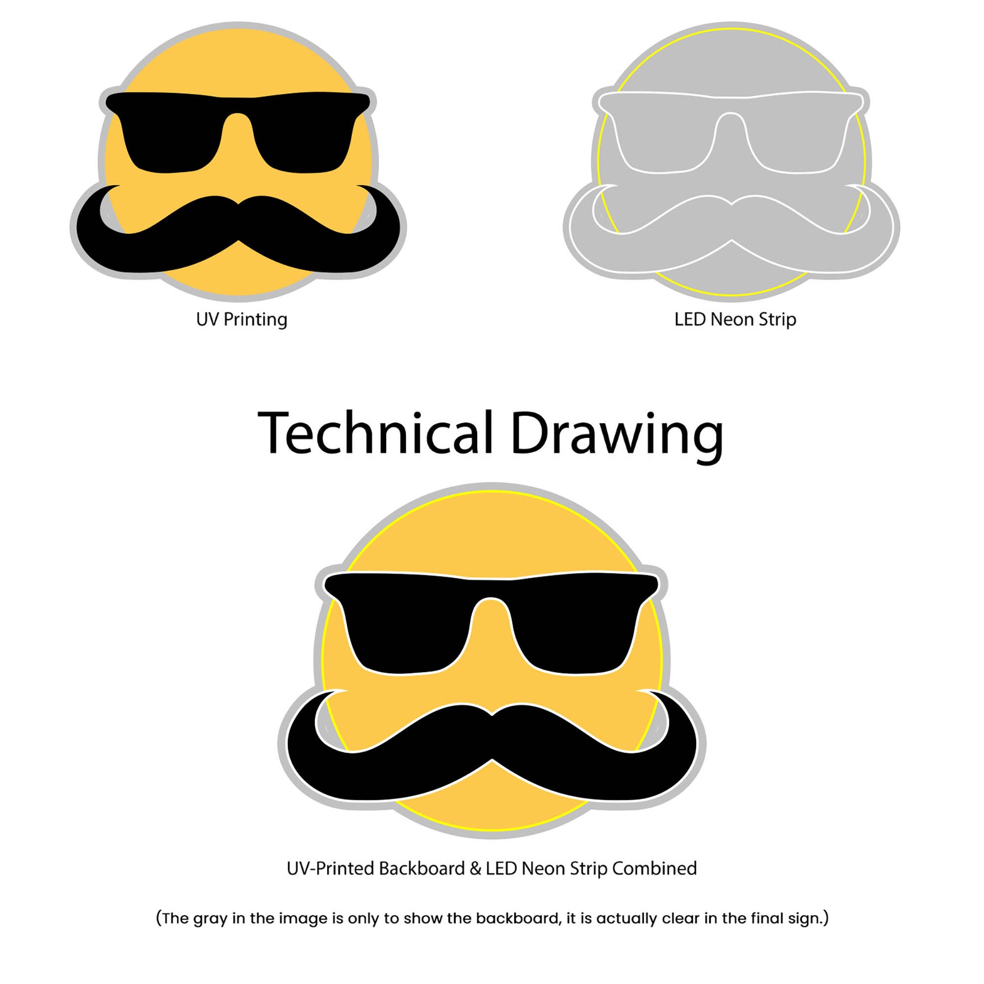 Fancy Mustache Emoji Neon Sign - Multi-Color - Technical Drawing