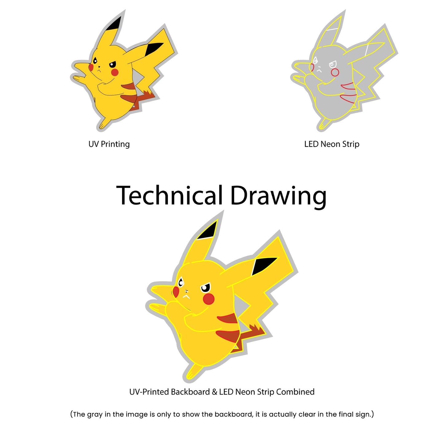 Pikachu (New) Neon Sign - Multi-Color - Technical Drawing