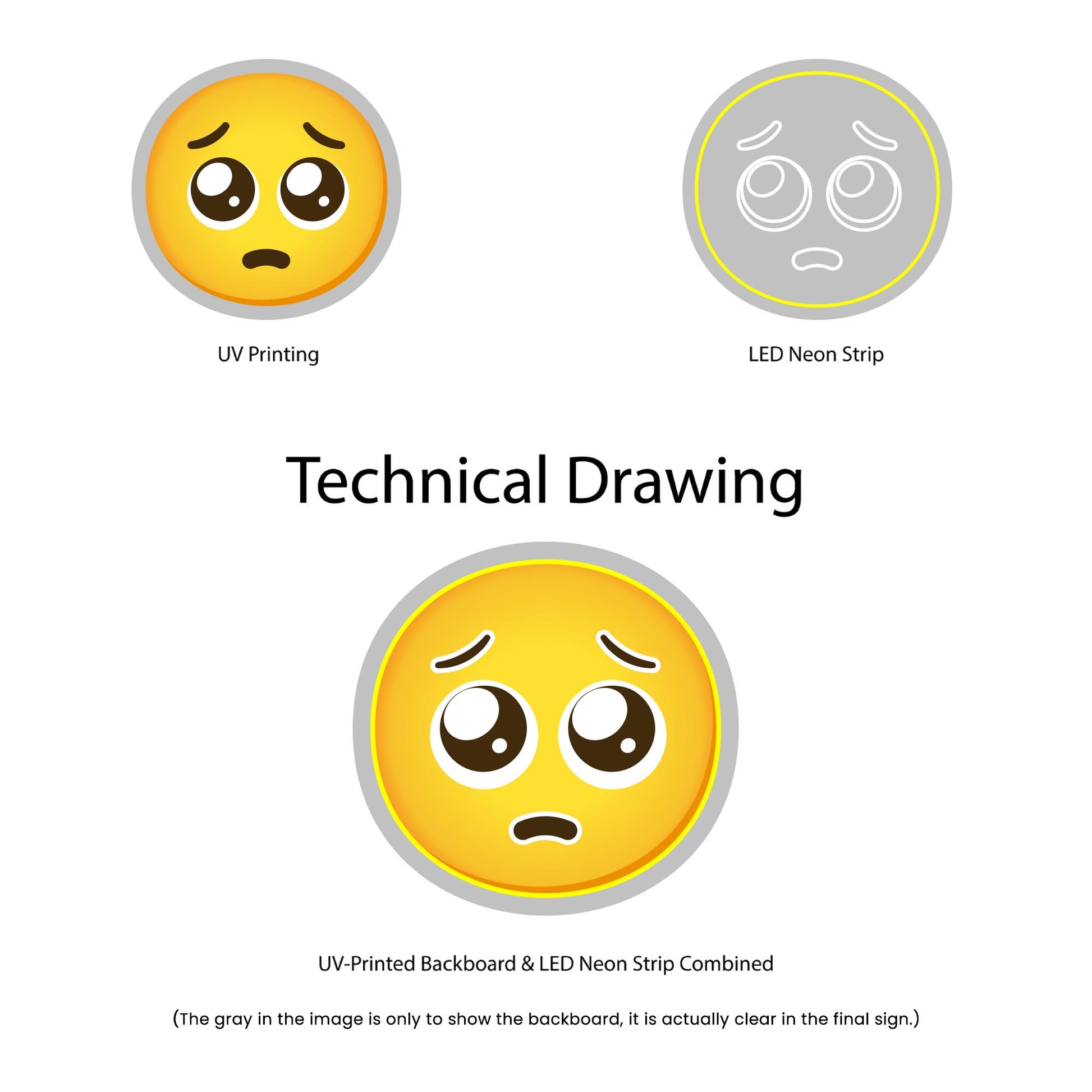 Pleading Face Emoji Neon Sign - Multi-Color - Technical Drawing