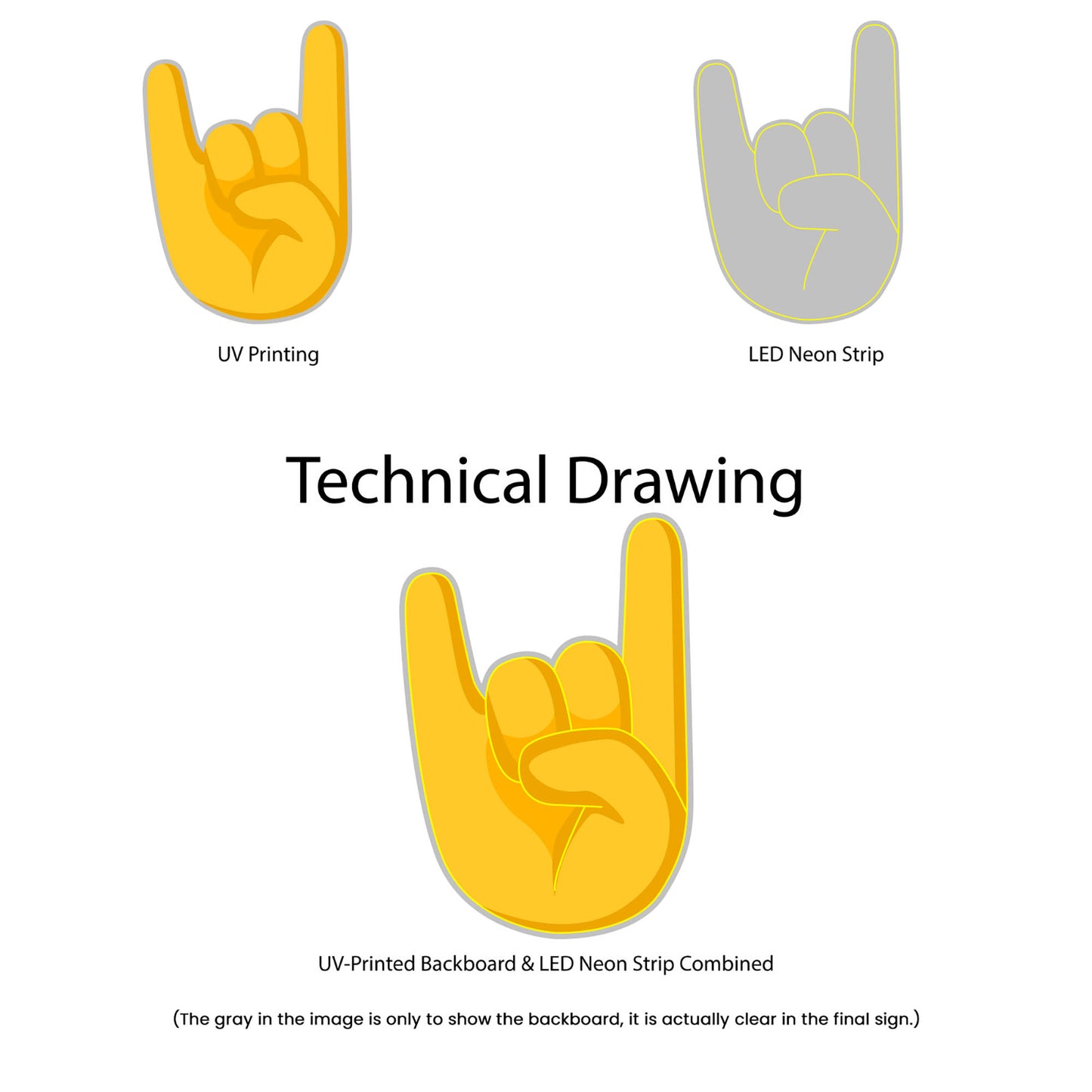 Rock On Emoji Neon Sign - Multi-Color - Technical Drawing