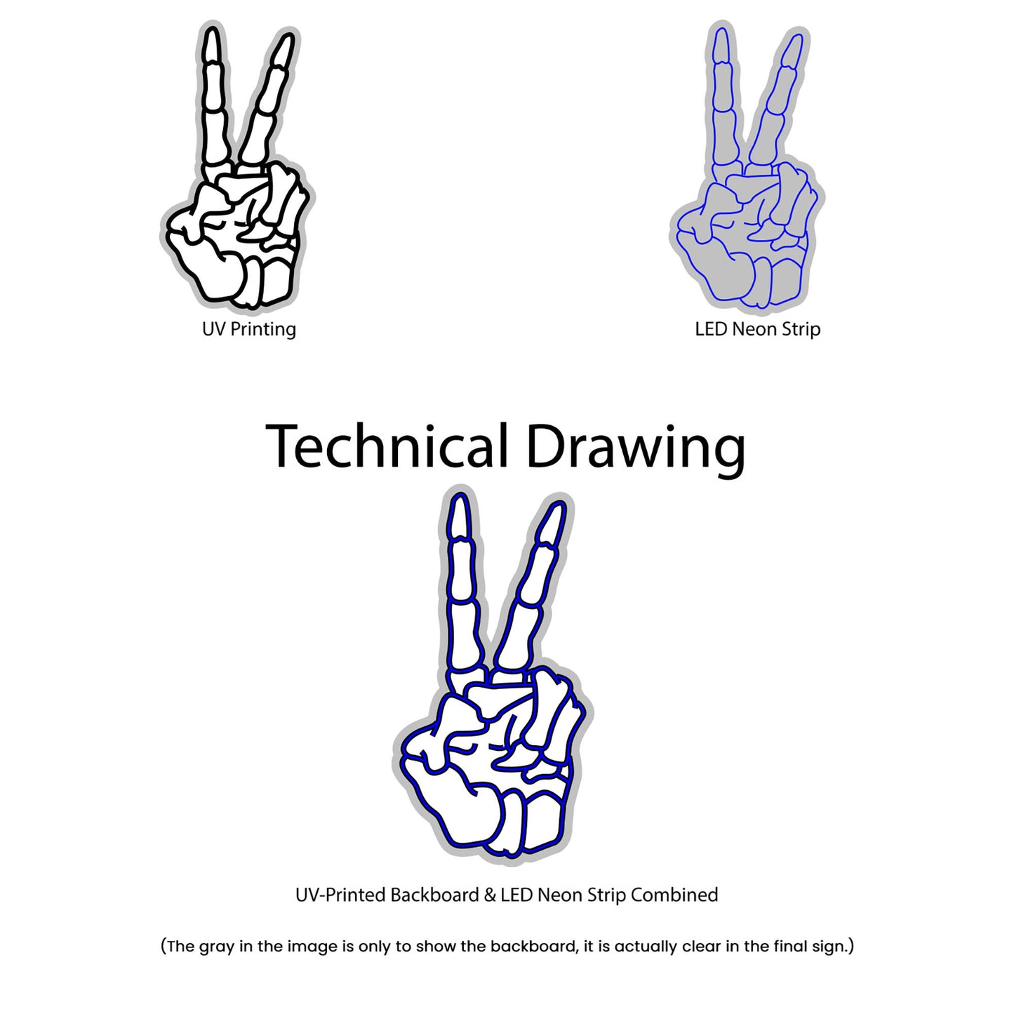 Skeleton Hand Peace Emoji Neon Sign - Multi-Color - Technical Drawing