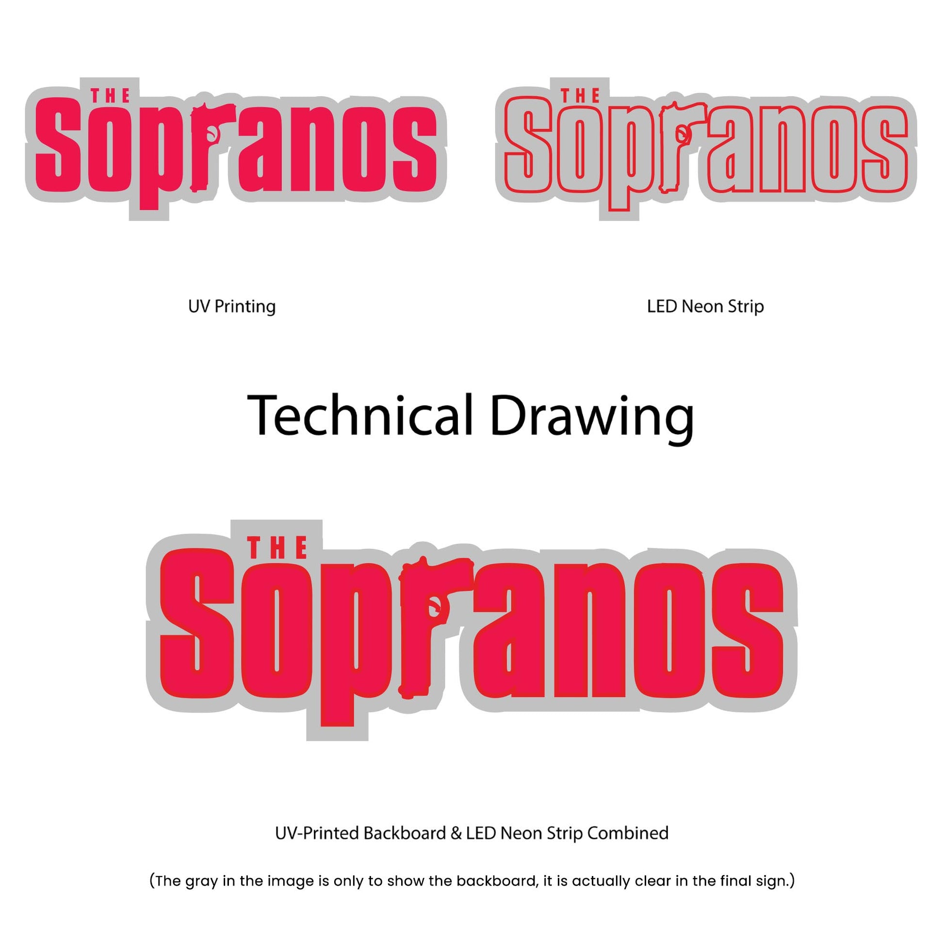 Sopranos Neon Sign - Multi-Color - Technical Drawing