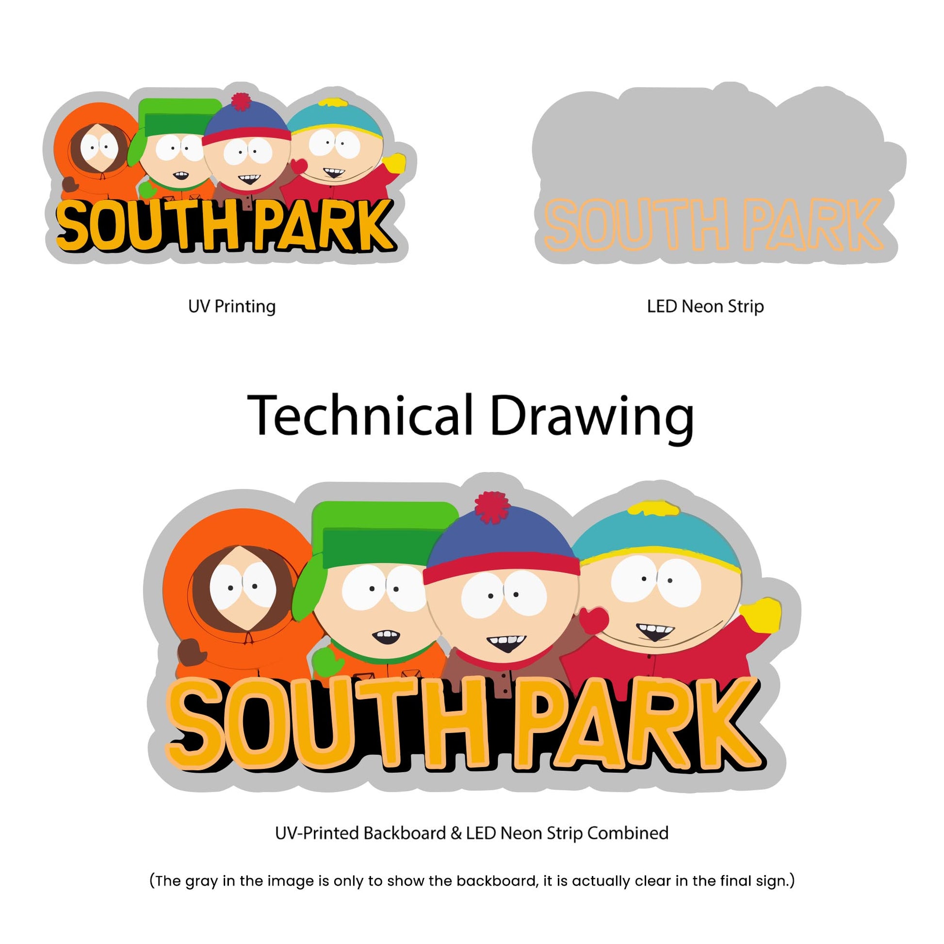 South Park Neon Sign - Multi-Color - Technical Drawing