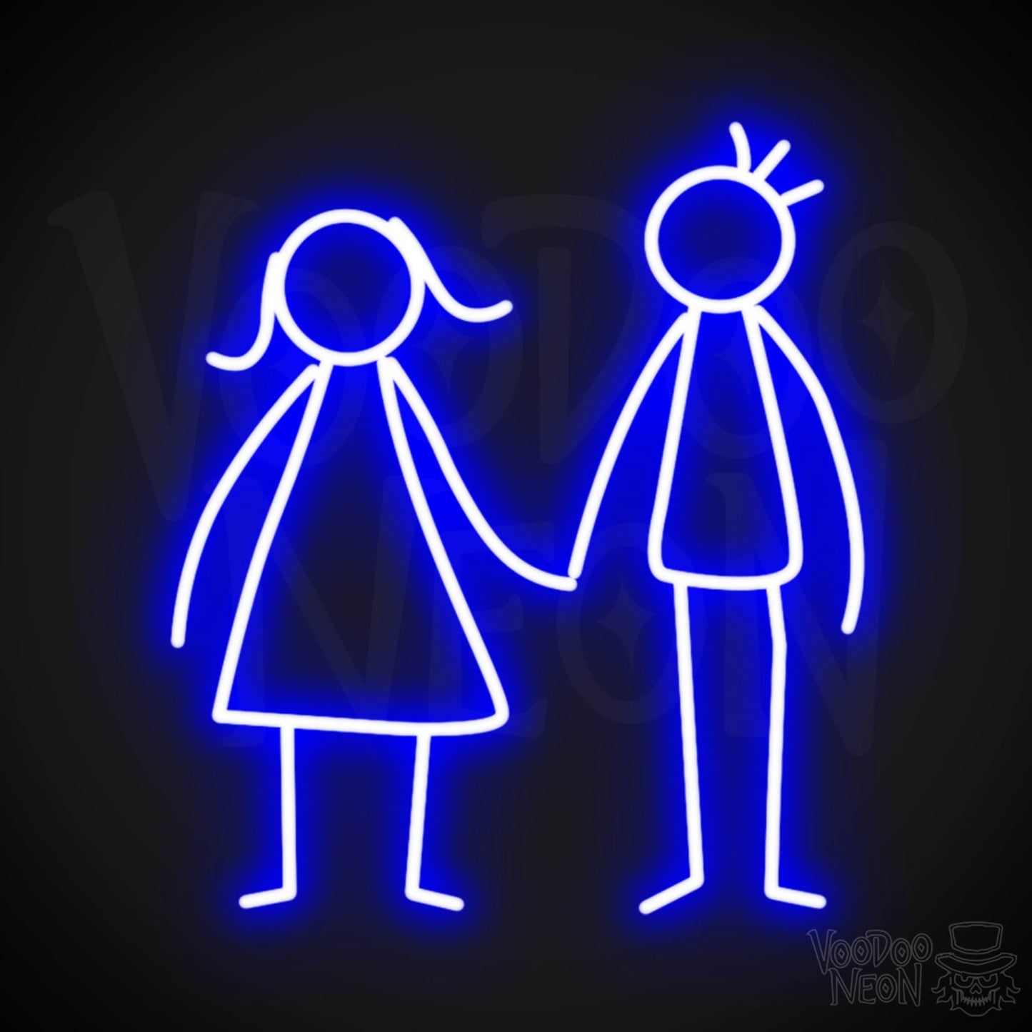 Stick Figures Holding Hands Neon Sign - Neon Stick Figures Wall Art - Color Dark Blue