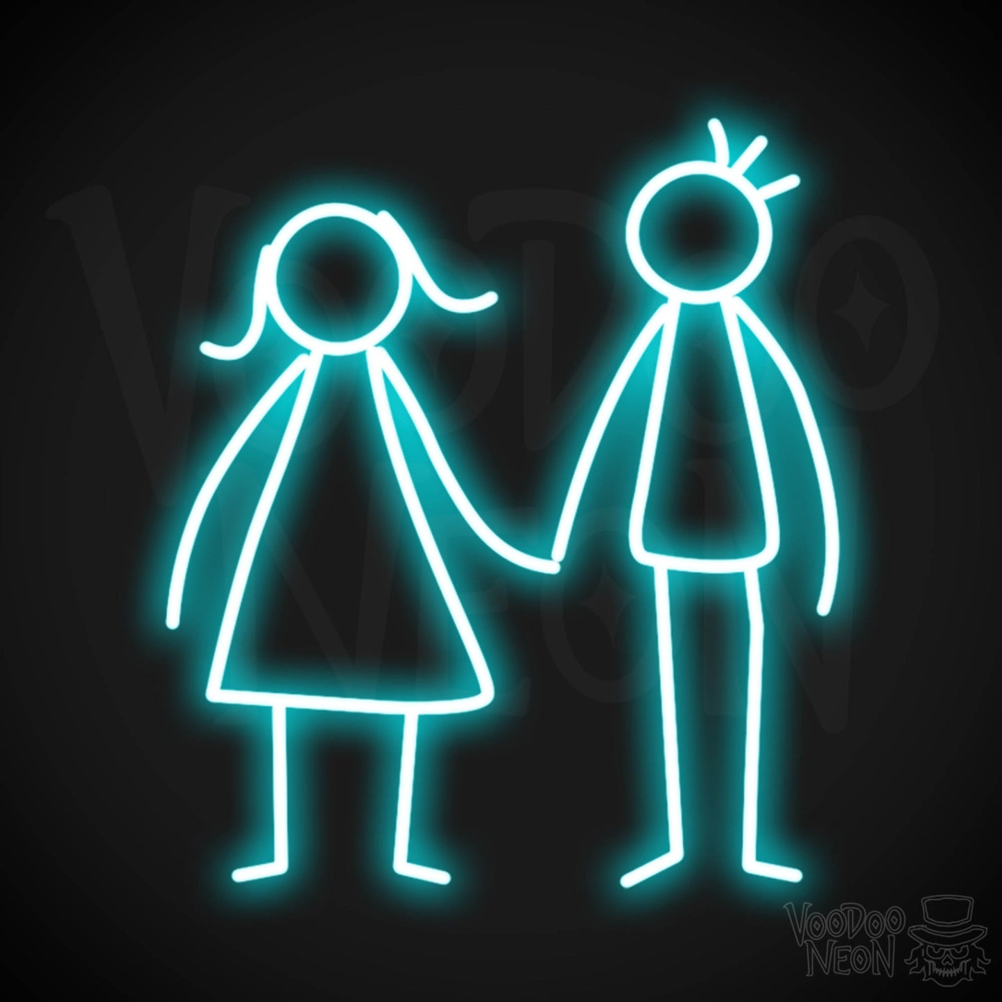Stick Figures Holding Hands Neon Sign - Neon Stick Figures Wall Art - Color Ice Blue