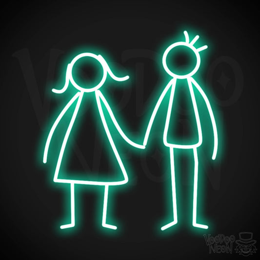 Stick Figures Holding Hands Neon Sign - Neon Stick Figures Wall Art - Color Light Green