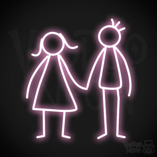 Stick Figures Holding Hands Neon Sign - Neon Stick Figures Wall Art - Color Light Pink