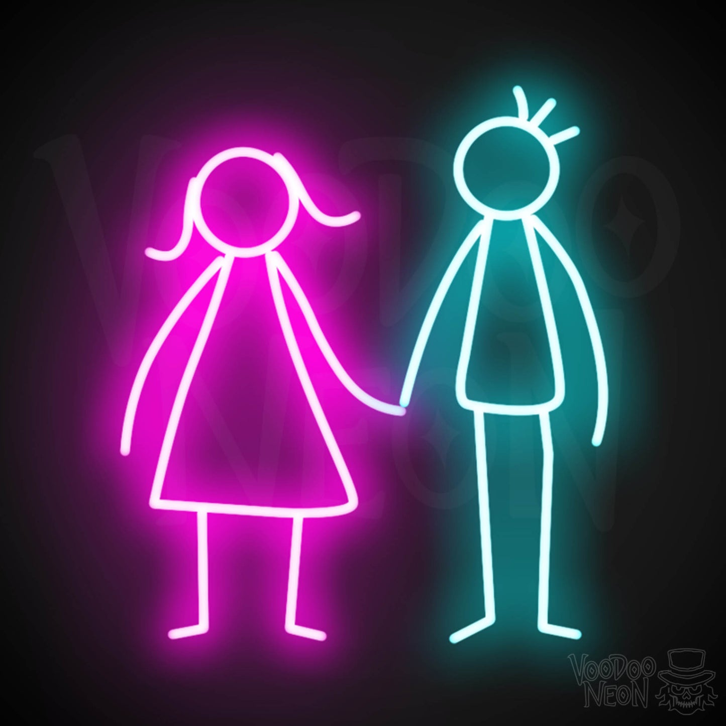 Stick Figures Holding Hands Neon Sign - Neon Stick Figures Wall Art - Color Multi-Color