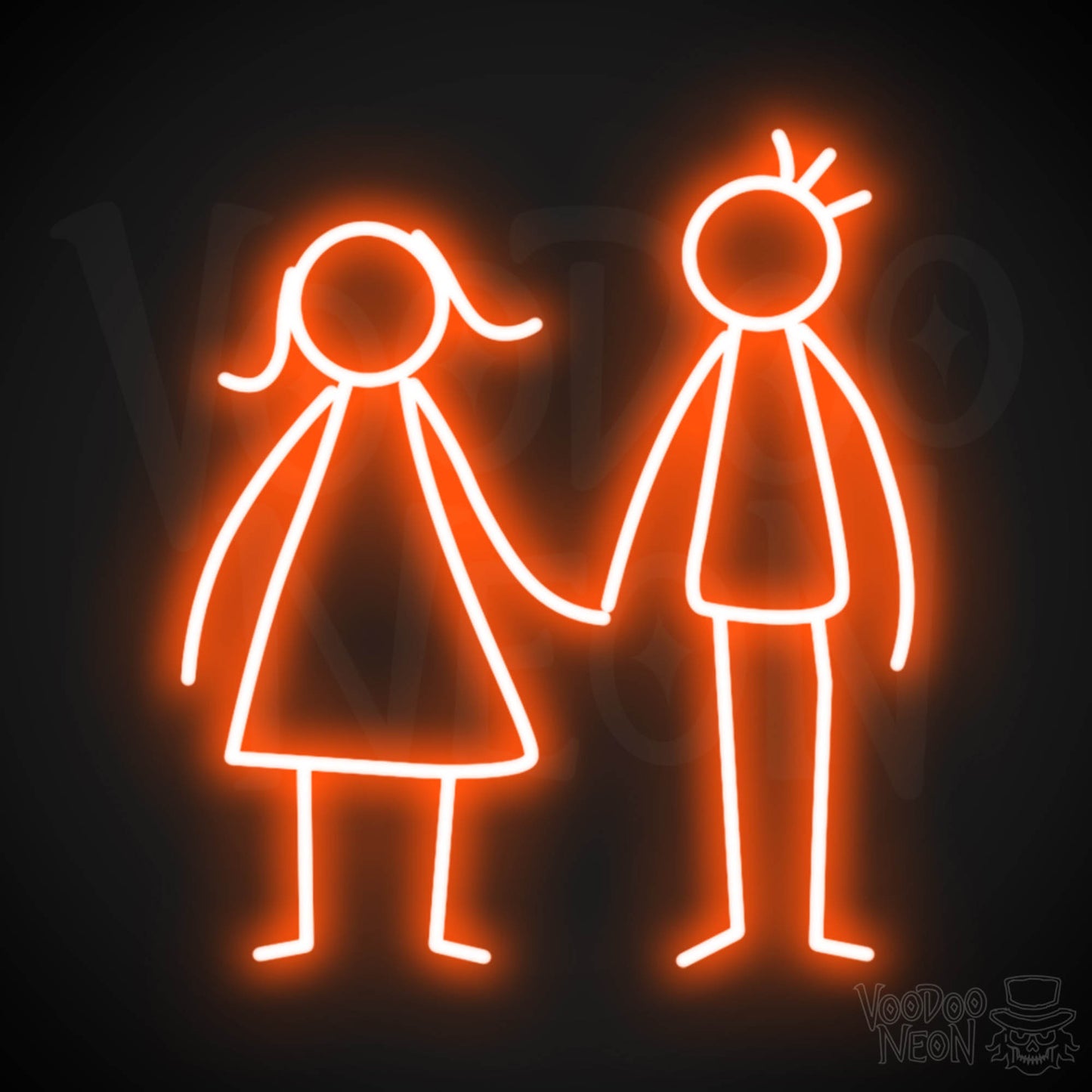 Stick Figures Holding Hands Neon Sign - Neon Stick Figures Wall Art - Color Orange