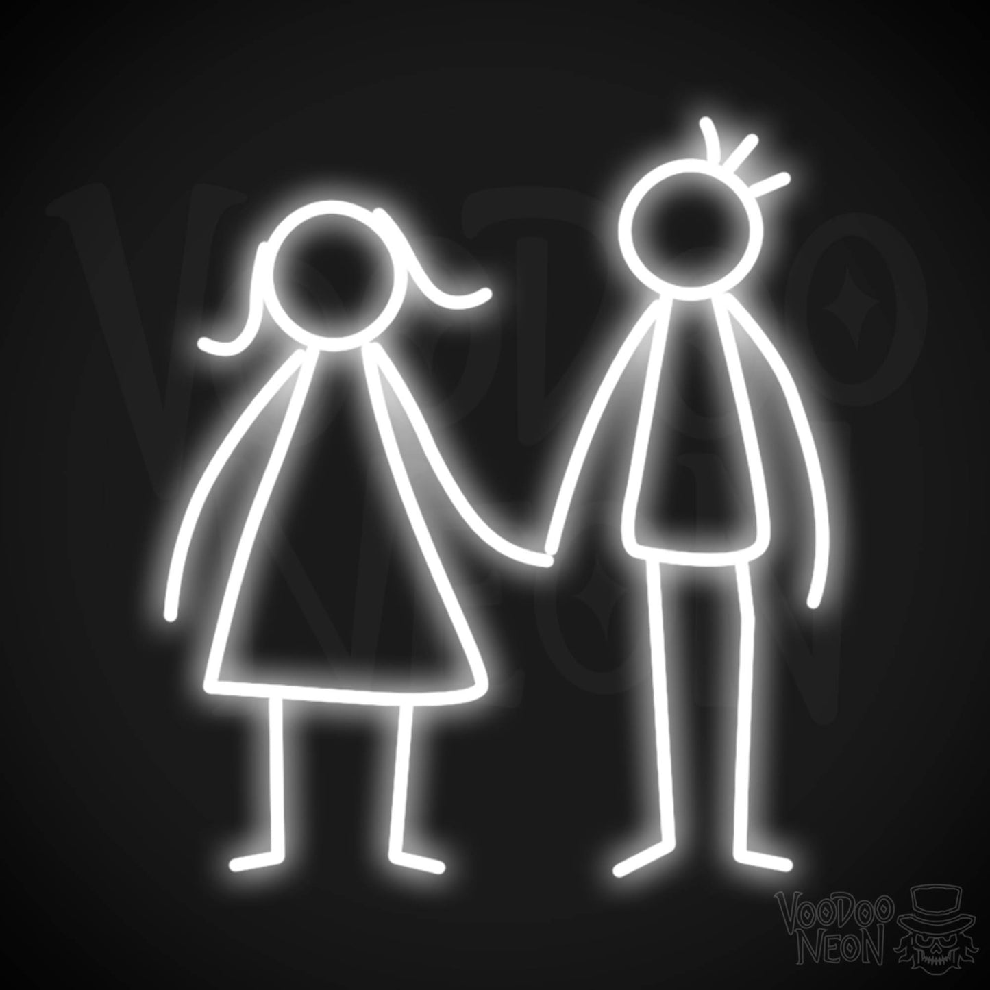 Stick Figures Holding Hands Neon Sign - Neon Stick Figures Wall Art - Color White