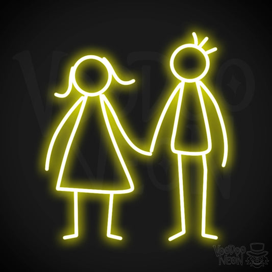 Stick Figures Holding Hands Neon Sign - Neon Stick Figures Wall Art - Color Yellow