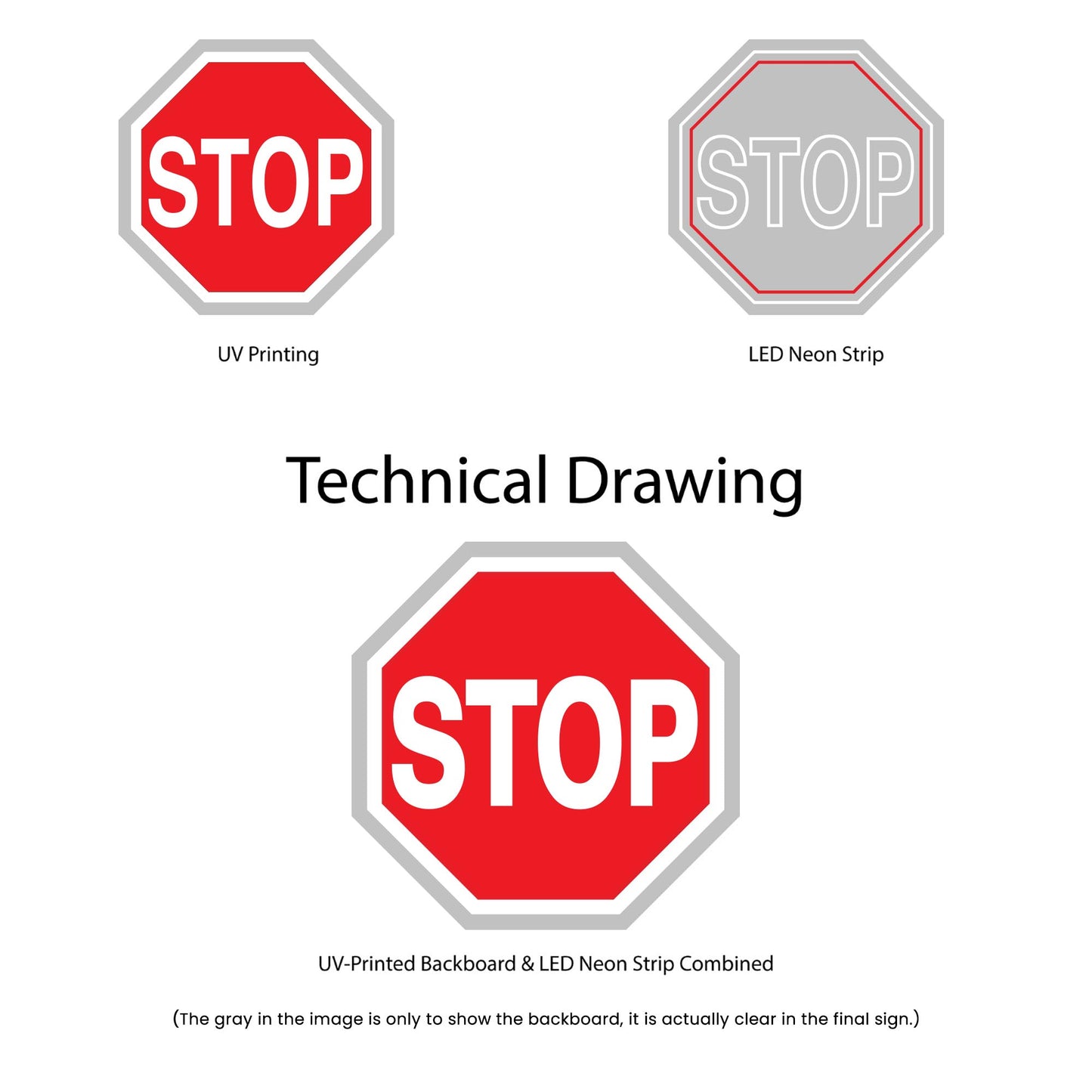 Stop Neon Sign - Multi-Color - Technical Drawing