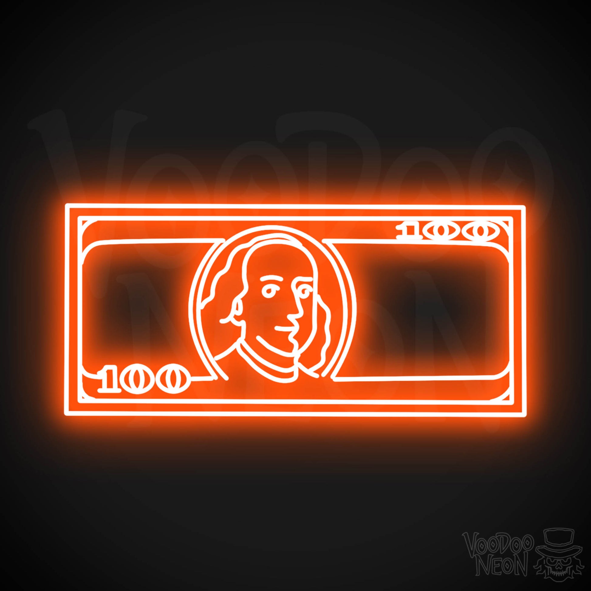 US $100 Bill Neon Sign - Neon $100 Sign - Color Orange