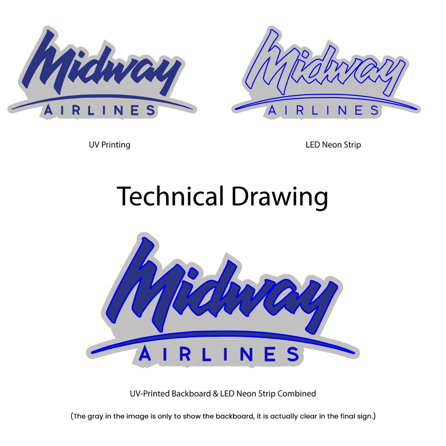 Midway Airlines (Vintage) Neon Sign - Multi-Color - Technical Drawing