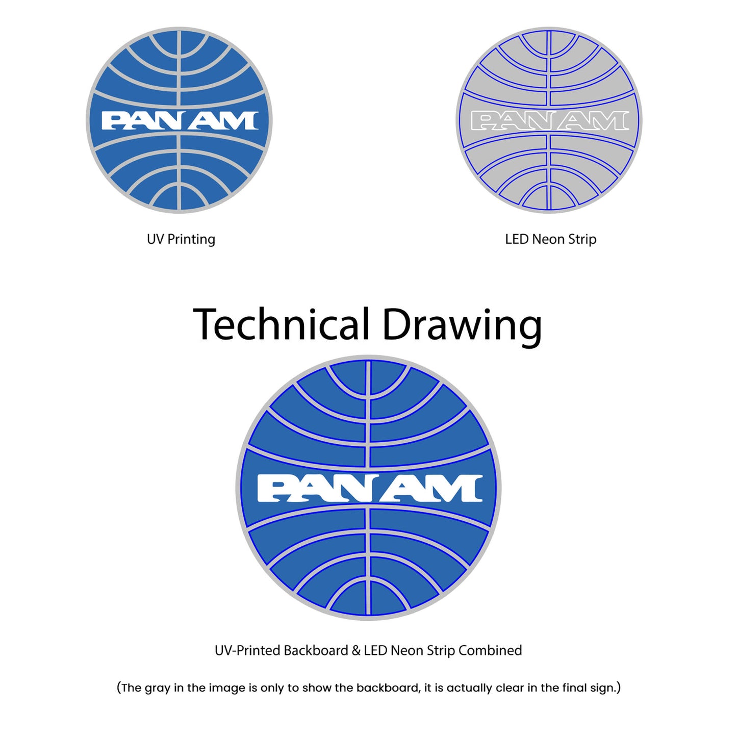 Pan Am Air Neon Sign - Multi-Color - Technical Drawing