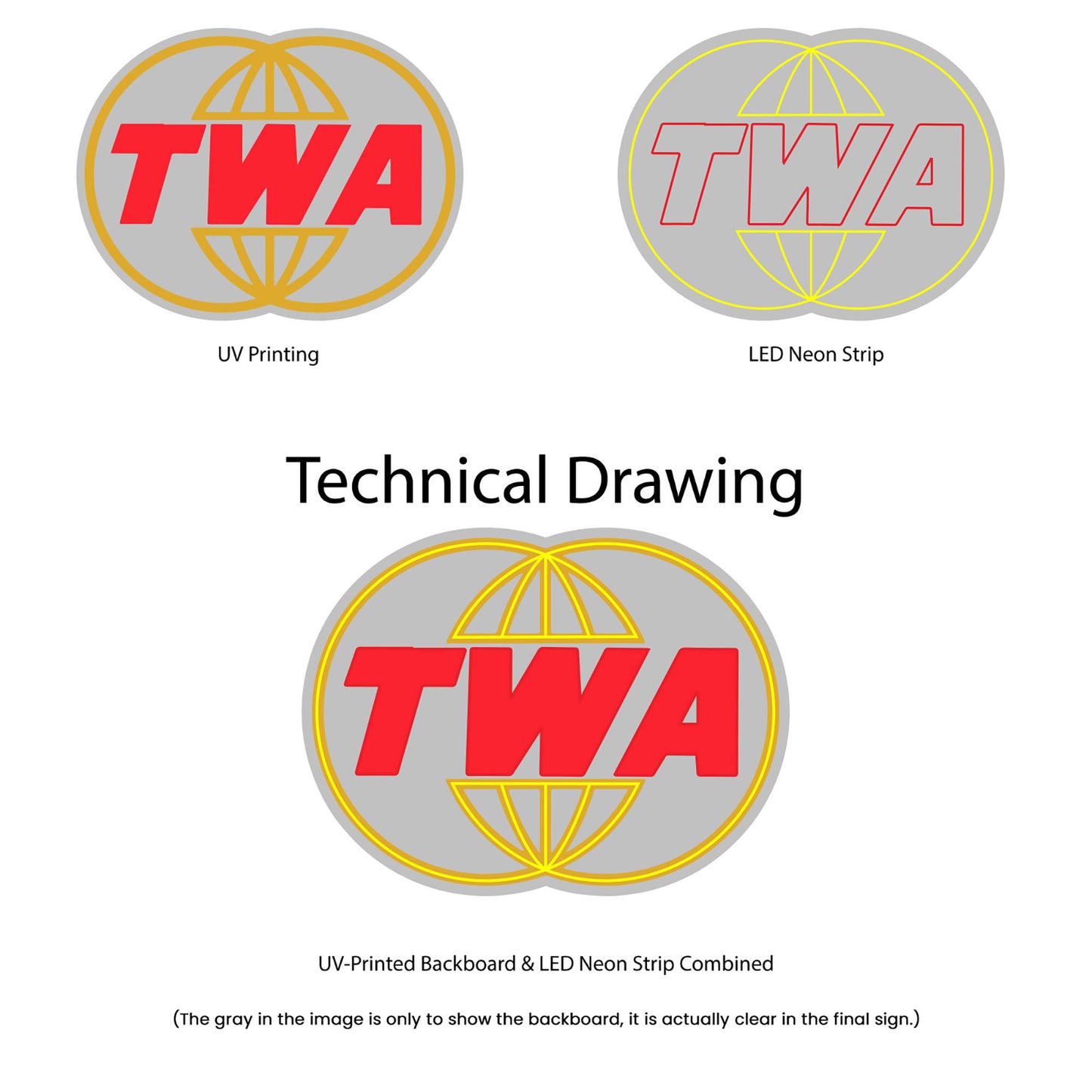 TWA (Vintage) Neon Sign - Multi-Color - Technical Drawing