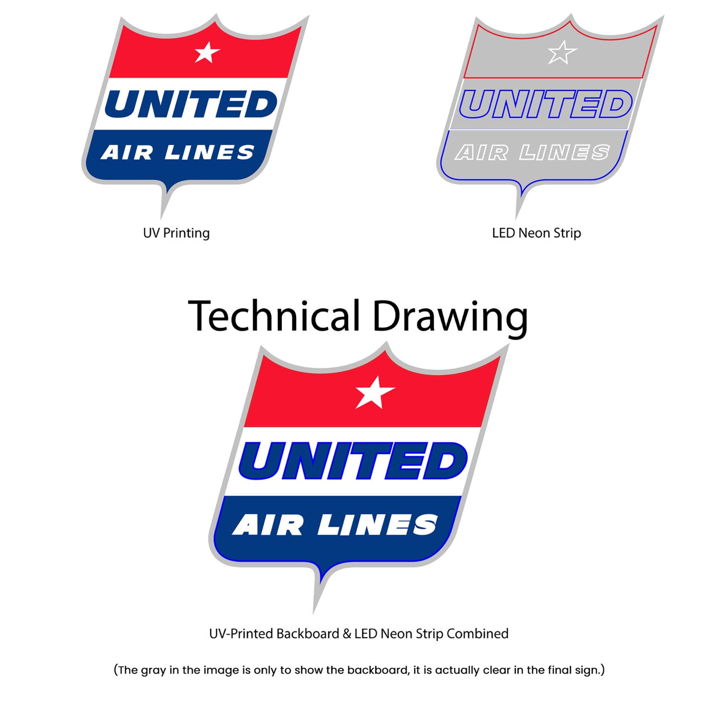 United Airlines (Vintage) Neon Sign - Multi-Color - Technical Drawing