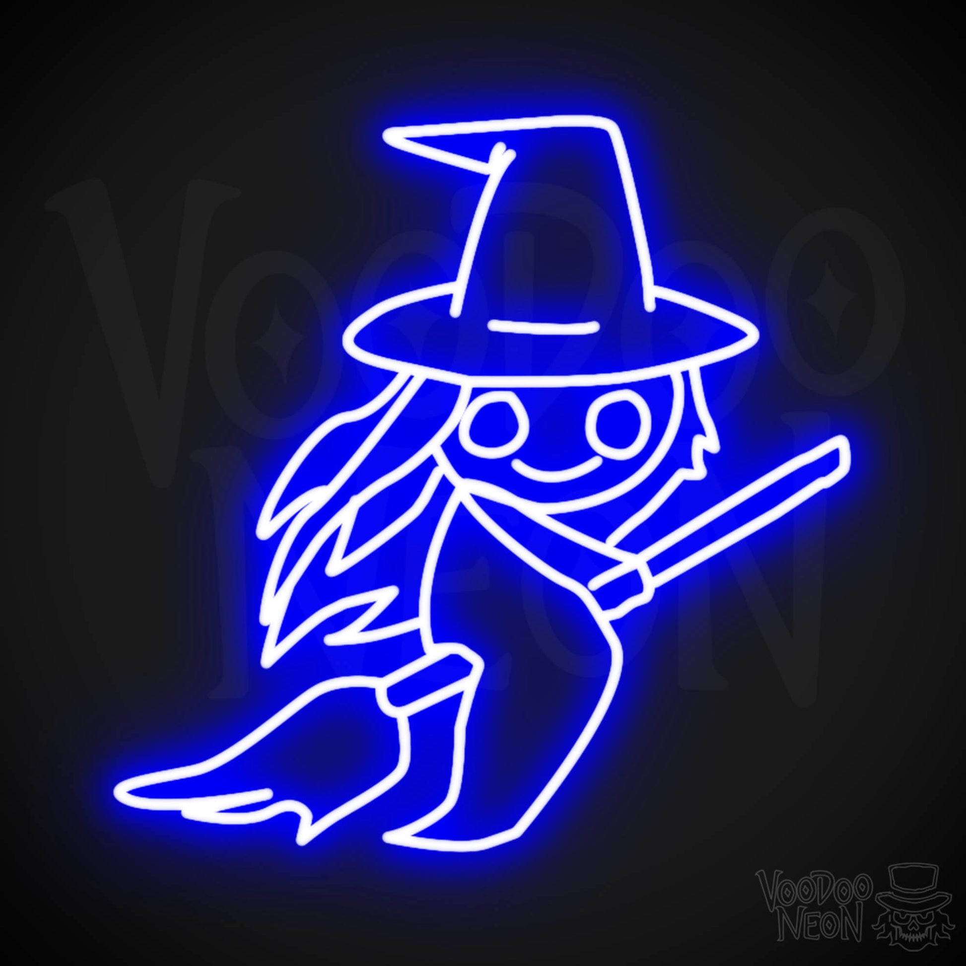 Witch On Broomstick Neon Sign - Neon Witch On Broomstick Wall Art - Halloween Signs - Color Dark Blue