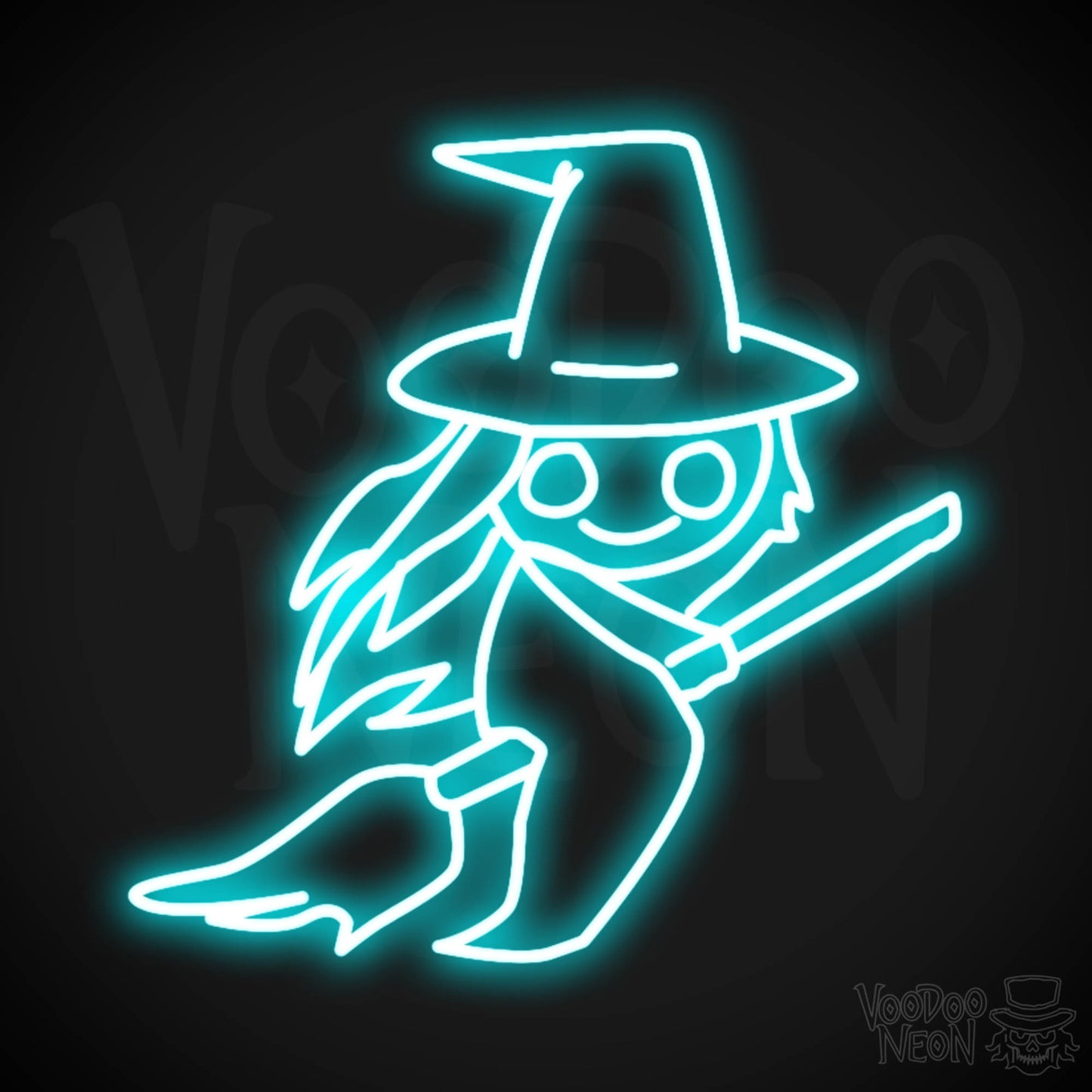 Witch On Broomstick Neon Sign - Neon Witch On Broomstick Wall Art - Halloween Signs - Color Ice Blue