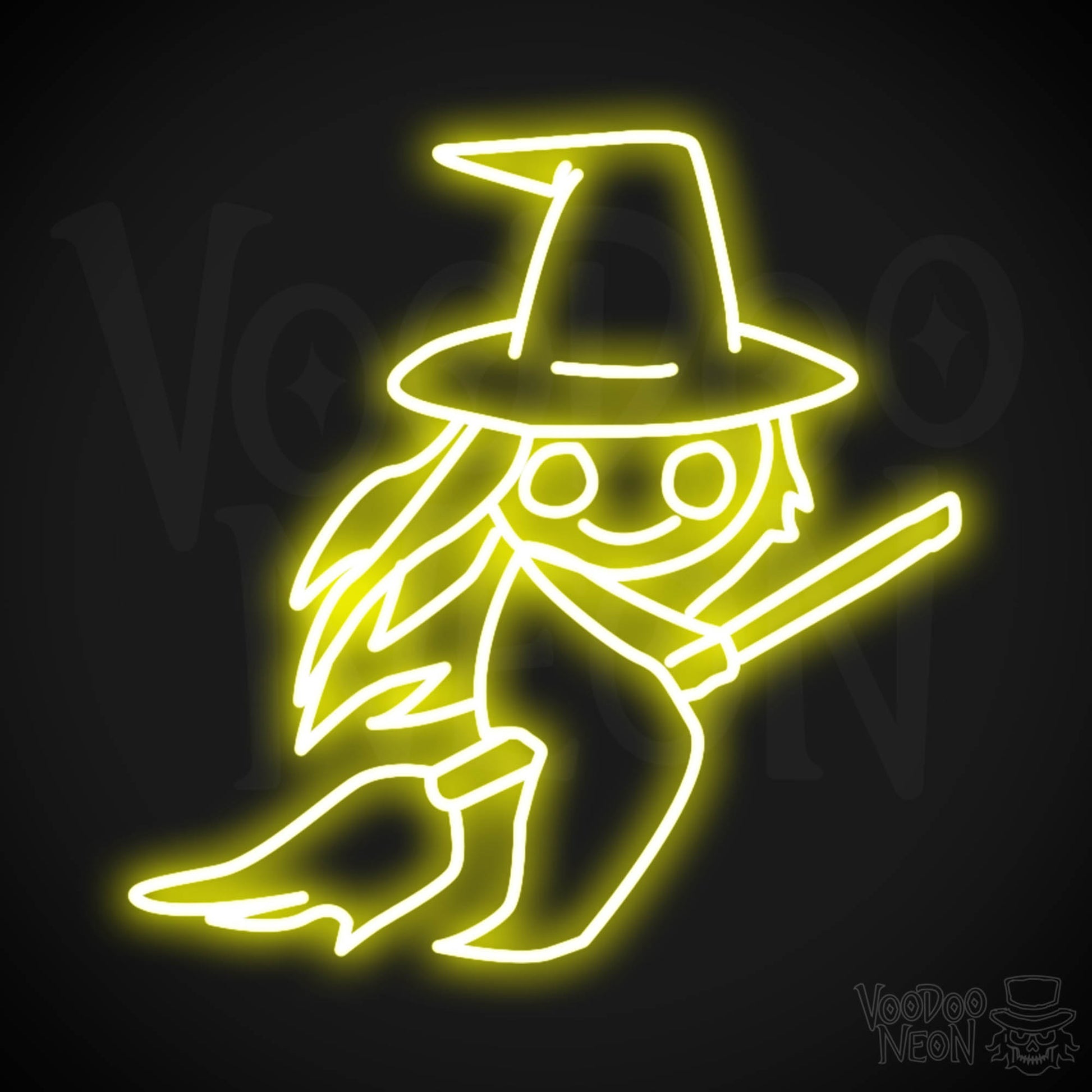 Witch On Broomstick Neon Sign - Neon Witch On Broomstick Wall Art - Halloween Signs - Color Yellow
