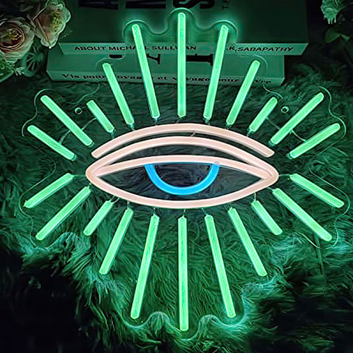 Eye neon wall decor for home with bright white, blue and green LED lights