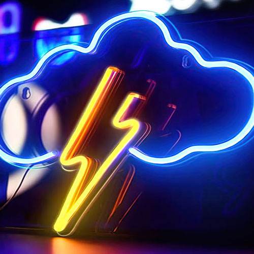 LED sign with yellow lightning coming from a blue cloud with LED lights