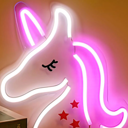 Unicorn LED sign with pink and white LED lights